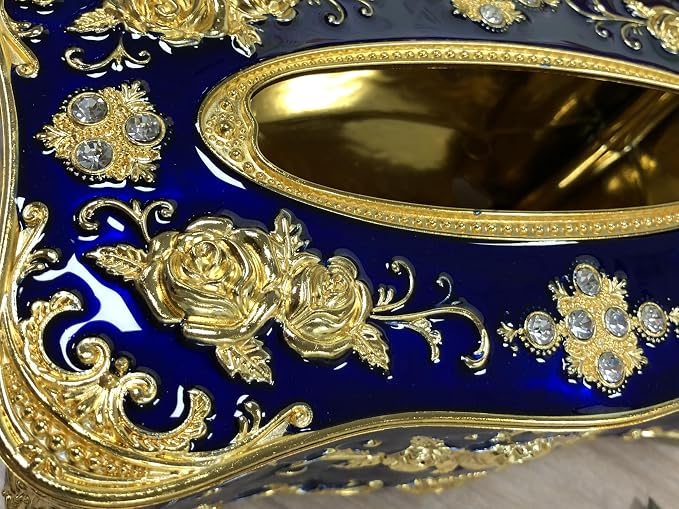 Luxurious Rose Tissue Box with Imitation Diamonds,Gold Blue | Embossed Flowers，9.45"x5.43"x3.94"，Elegant Tissue Paper Holders，for Home Toilet Bath Hotel