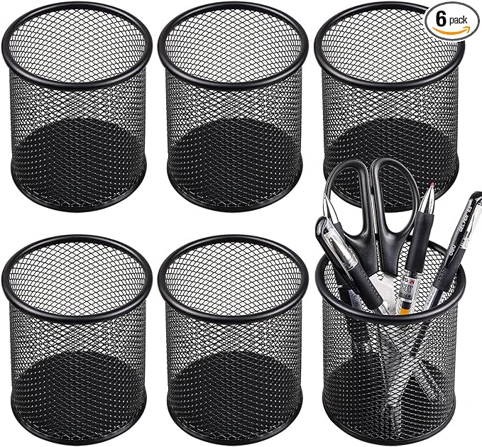 QYH Mesh Pencil Cup for Desk 6 Pack, Black Pen Holder 3.54"x3.93" | Metal Pencil Box, Desk Organizer for Office, School, Home & Business
