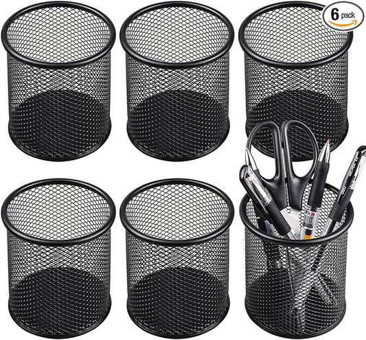 QYH Mesh Pencil Cup for Desk 6 Pack, Black Pen Holder 3.54"x3.93" | Metal Pencil Box, Desk Organizer for Office, School, Home & Business