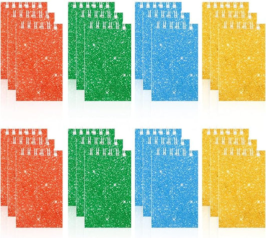 24 Pack Mini Notebooks Party Favor Small Spiral Journal Notepads for Kids | Glitter Cover Pocket Writing Memo Note Pads with Lined Pages for Schools Classroom Home Work Office Supplies, 2.3x2.3 Inches