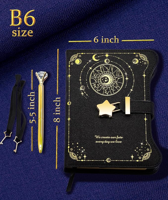 Hoci Poci Diary with Lock and Keys for Girls Gift Ideas, 360 Pages Journal | Elegant Gift Box for Teen Girls, B6 Kraft Pages Refillable Notebook with Pen and Bookmark for Writing, Astro Black