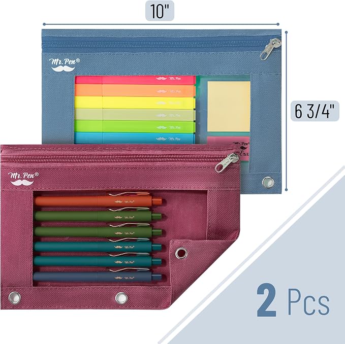 Mr. Pen- Pencil Pouch for 3 Ring Binder, 2 Pack, 10"x6.75", Smooth Zipper | Clear Window, Large Capacity Pencil Case with 3 Reinforced Grommets for School, Office, Supplies Storage | Clear Window, Large Capacity Pencil Case with 3 Reinforced Grommets f...