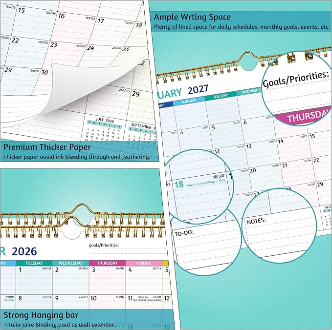 Wall Calendar 2026-2028 – Jul 2026 – Jun 2028, 2 Year Calendar 2026-2028, 11 x 8.5 In, 2026 Calendar 24 Months, Small Monthly Calendar with Ruled Blocks, Thick Paper, Holidays, To-dos ＆ Notes