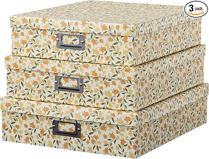 Soul & Lane - Keepsake Storage Boxes with Lids, Set of 3, Floral Dance | Decorative Cardboard Photo Box Set for Documents, Scrapbook Paper and Memories, Large Nesting Letter Organizers, Jumbo Size