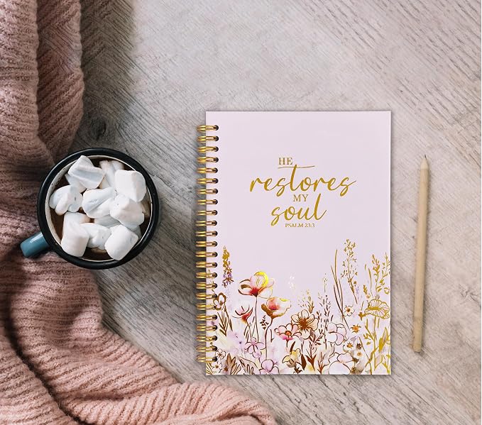 Christian Women's Notebook With Gold Foil, Christian Gift Diary, Women's Prayer Diary, Exquisite Bible Notebook, Psalm 23:3 "He Restores My Soul, 5.5 X 8.3