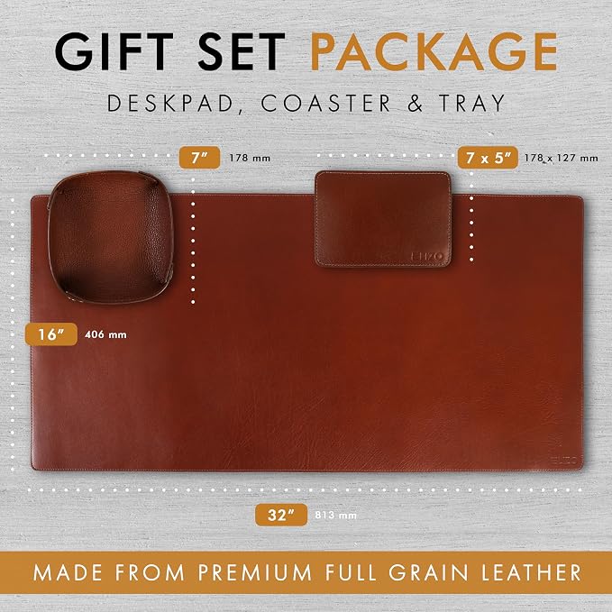 ELIZO Leather Desk Pad Real Leather Desk Mat Thick (3mm) Double Layer (32x16) Cover Blotter Desk Protector Large Computer Mat for Keyboard Mouse Pad Table Laptop Mat Office Accessories - Camel