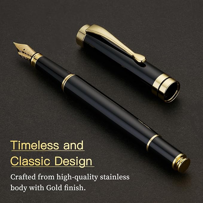 MCNTEIK Fountain Pen-Luxury Black and Gold Finish, 18K Gilded Nib(Medium), Smooth Ink Flow, Complete Set with 4 Black Ink Cartridges, Converter & Gift Box-Perfect Weight, Ideal for Office, Journaling