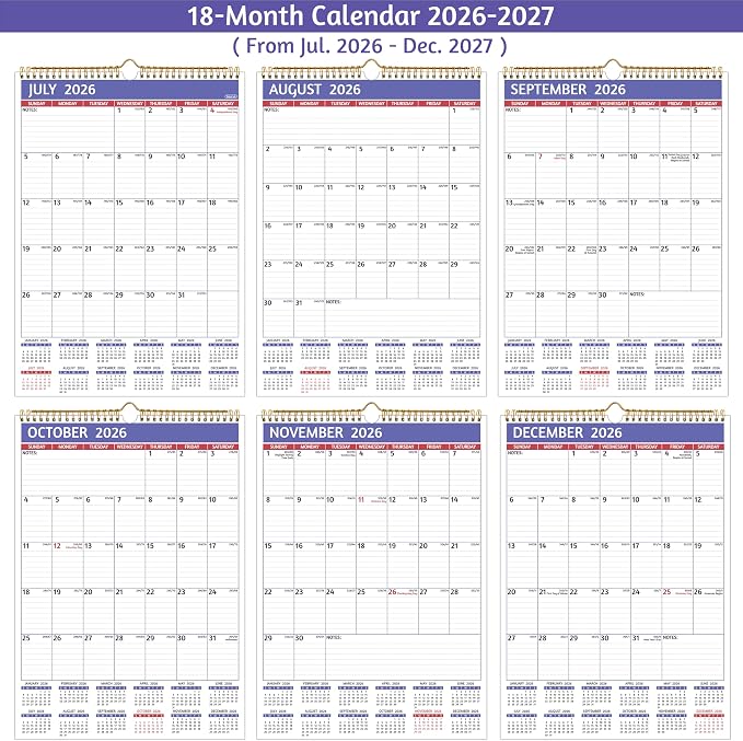 2026-2027 Wall Calendar - 2026-2027 Calendar, Jul 2026 - Dec 2027, 12'' x 17'' Large, 18 Monthly Calendar with Ruled Blocks, Yearly Overview, Thick Paper, Holidays, To-do ＆ Notes, Amply Writing Space