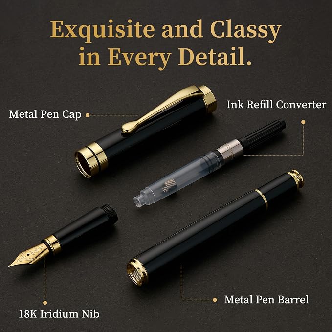 MCNTEIK Fountain Pen-Luxury Black and Gold Finish, 18K Gilded Nib(Fine), Smooth Ink Flow, Complete Set with 4 Black Ink Cartridges, Converter & Gift Box-Ideal for Professionals, Office, Journaling