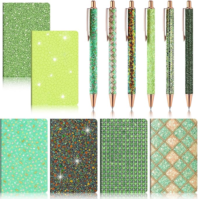 12 Set Cute Mini Notebook and Fancy Pen Gift Set for Women 6 Mini Glitter Pocket Notepad 6 Cute Sparkly Glitter Pen for Girl Office First Day of School Mother's Day Christmas Graduation(Green)