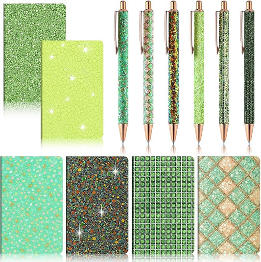 12 Set Cute Mini Notebook and Fancy Pen Gift Set for Women 6 Mini Glitter Pocket Notepad 6 Cute Sparkly Glitter Pen for Girl Office First Day of School Mother's Day Christmas Graduation(Green)