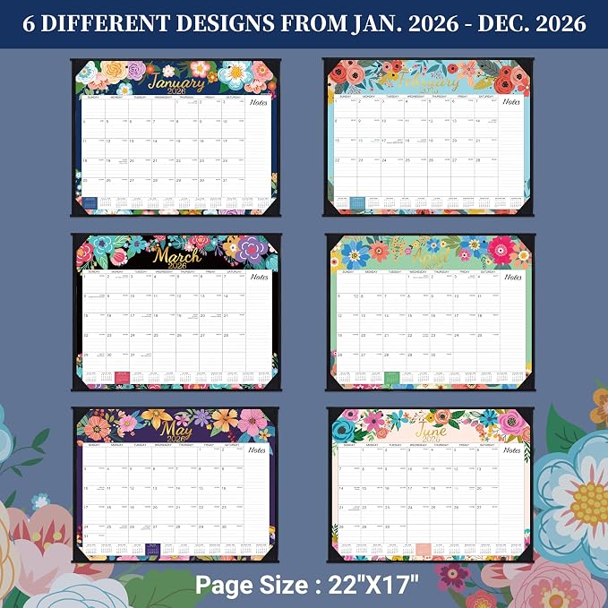 2026 Desk Calendar - Large Desk Calendar 2026, Jan. 2026 - Dec. 2026, 22" x 17", 2026 Calendar 12 Month with Corner Protectors, Desk Pad, To-Do List & Notes, Desk/Wall Calendar for Planning or Organizing - Blue Floral