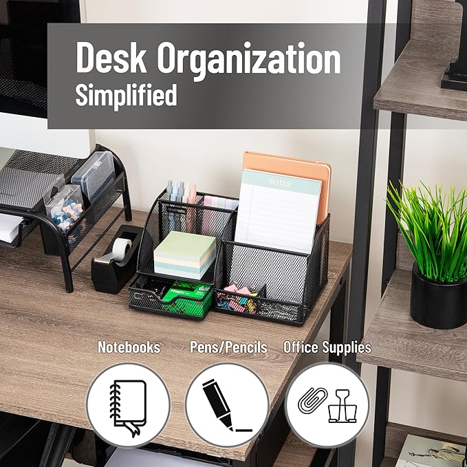 Mind Reader 7-Compartment Desktop Organizer, Metal Mesh Desk Organizer for Pens, Sticky Notes, Mail and Office Supplies, Black