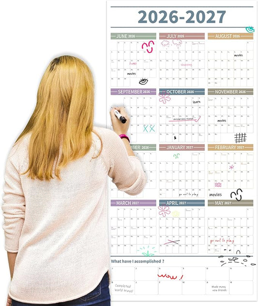 GuassLee Large Yearly Wall Calendar 2026-2027, Full Year Calendar One Page, Jun. 2026- May 2027, Annual Wall Calendar 2026, 24"X 48" Wall Calendar 2026 Large with Foam Stickers