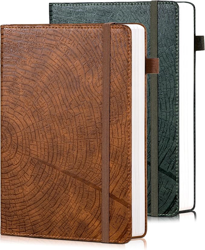 CAGIE Lined Journal for Men Women, Tree Growth Ring Leather Bound Journal Notebook, 256 Pages 100 GSM Paper Journals for Writing, A5 Hardcover Journaling Notebooks,2 Pack (Brown & Dark Green)
