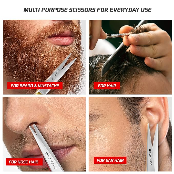 Suvorna Beard Scissors & Mustache Scissors for Men | 5" Small Scissors for Grooming, Trimming, Cutting & Shaping Facial Hair | Japanese Steel Precision Grooming Scissors for Barbers, Home & Salon Use.