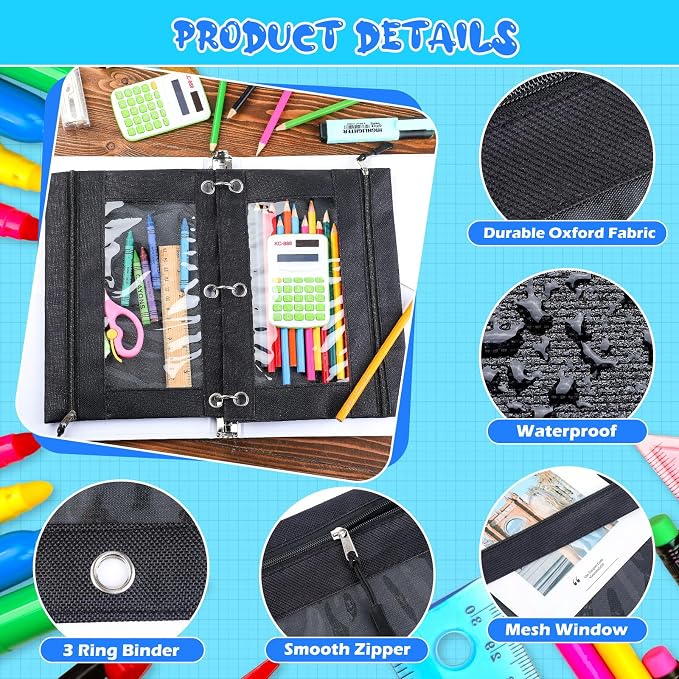Zhehao 100 Pcs Zipper Binder Pencil Pouches:3 Ring Binder Pencil Pouches with Window Bulk Clear Pen Bags Case for Office School Classroom Supplies(Black,Single Layer)