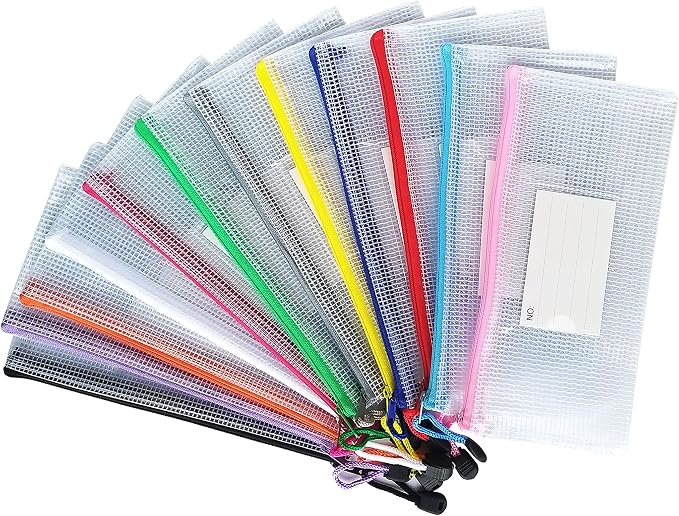 Plastic Mesh Zipper Pouch, 12Pcs Zipper File Bags with Label Pocket, Game Boards Storage Bags, Waterproof Document Storage Bags for Office Home Travel (Receipt Size 9.2x4.1 in)