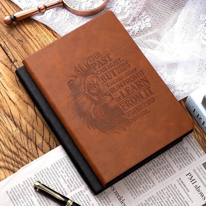 MINICAGIE 2 Pack A5 Lined Journal for Men Soft Cover Journals for Writing with 256 Pages Vintage Lion Journaling Notebooks (Brown and Black, A5)