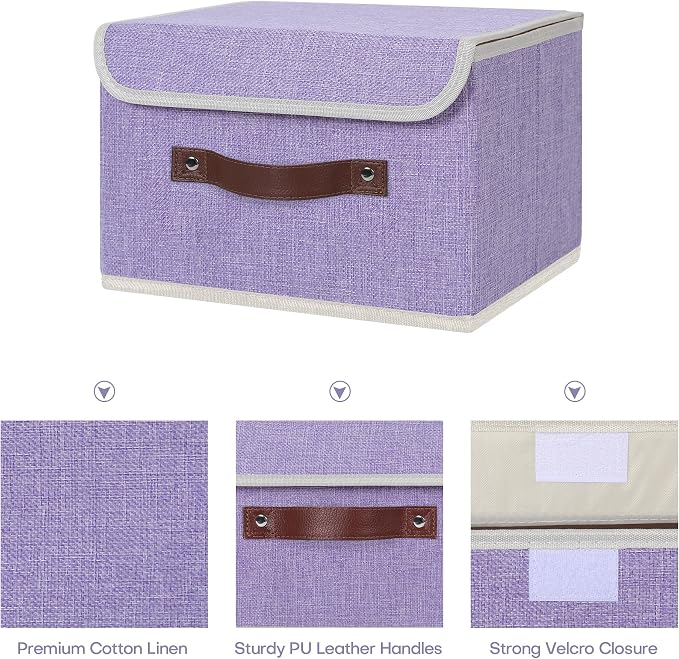 ANMINY 4PCS Storage Bins with Lid PU Leather Handles Storage Boxes PP Plastic Board Decorative Foldable Lidded Cotton Linen Fabric Home Cubes Baskets Closet Organizer Containers - Purple, Small Size