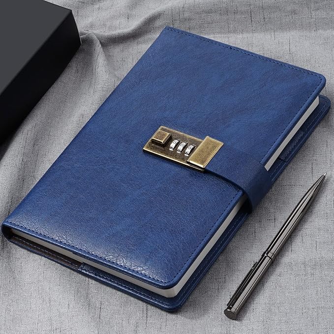WEMATE Diary with Lock, A5 PU Leather Journal with Lock 240 Pages Blue | Vintage Lock Journal Password Notebook with Pen & Gift Box, Lock Diary Planner Organizer for Men and Women, 8.6x5.8in
