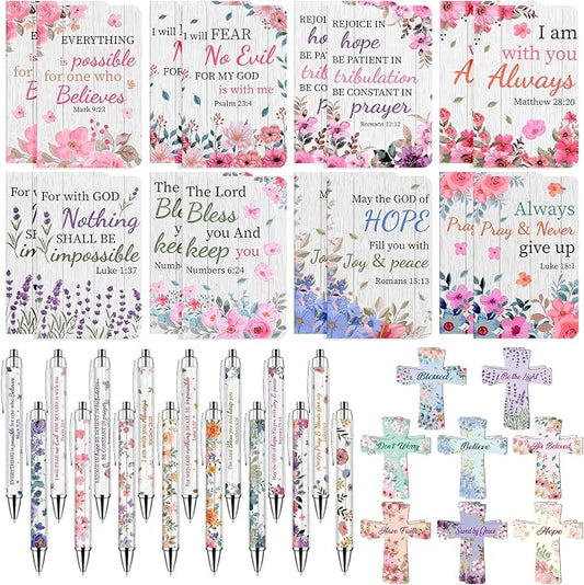 48 Pcs Flower Bible Verse Pens with Notebooks Christian Gifts for Women | Religious Notepad Christian Ballpoint Pen Cross Bookmarks Church Party Favors for Colleagues Coworker Office School Supplies
