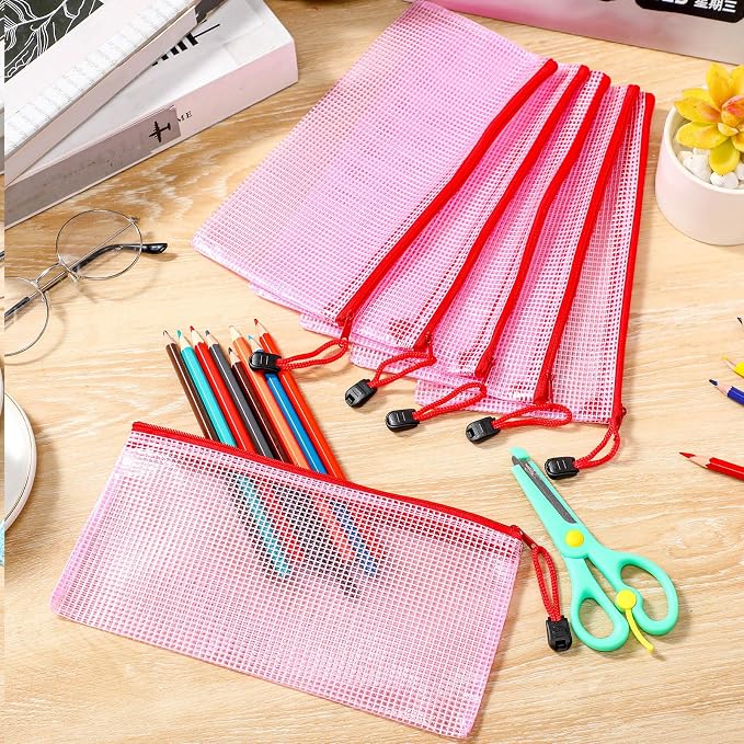 Handepo 100 Pack Mesh Zipper Pouch Pencil Pouches Bulk Clear Storage Bag Small Waterproof Purse Bag Multipurpose for Cash Board Game Passport Office(A6/9.45x4.53in,Red)