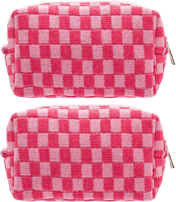 Checkered Makeup Bag for Purse, Small Travel Cosmetic Pouch,Hotpink,2 Pack | Cute Zipper Makeup Organizer for Women, Travel Essentials, Toiletries, Makeup Brushes, Beauty Accessories&Bridesmaid Gifts