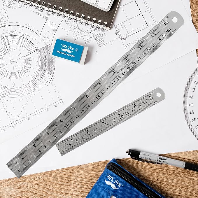 Mr. Pen- Metal Straight Edge Ruler, 2 Pack, 6" and 12", Silver | Stainless Steel Ruler Set, Imperial & Metric Measurements for Drawing, Home, Office, Engineering