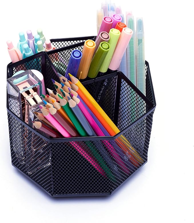Exerz Desk Organizer 360 Rotating Pen Holder 5 Compartments Caddy Black | Smooth Spinning Base with Open Mesh Sections Easy Access to Pens Brushes Scissors Daily Desk Tools