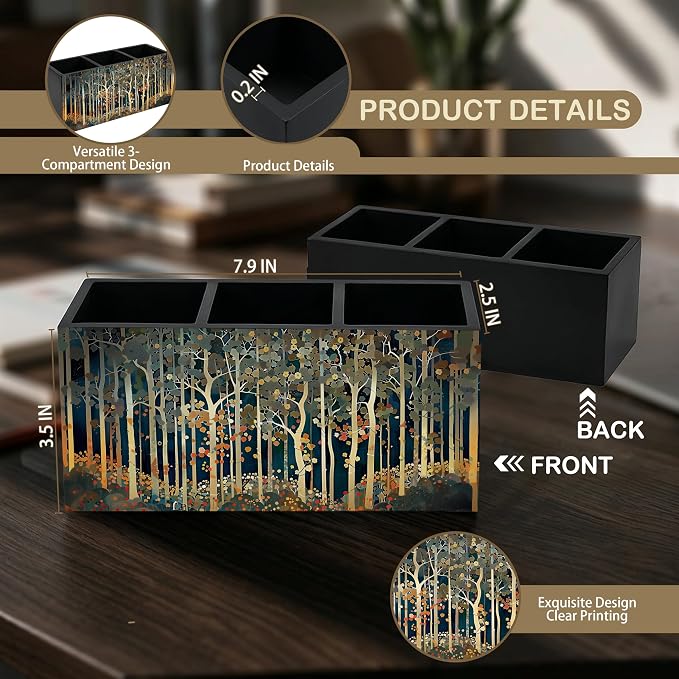 Rustic William Morris Inspired Autumn Forest Wooden Pencil Pen Holder for Desk Organizers and Accessories, Vintage Botanical Nature Makeup Brush Holder Organizer for Bathroom Vanity