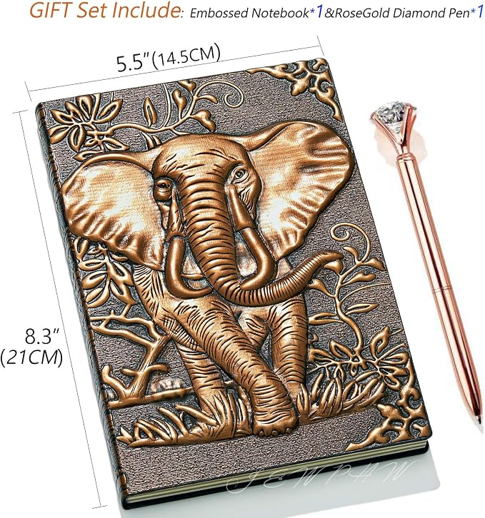 3D Elephant Vintage Leather Journal Writing Notebook with Pen Set,Antique Handmade Leather Daily Notepad Sketchbook,Travel Diary&Notebooks to Write in,Elephant Journal Gift for Men Women