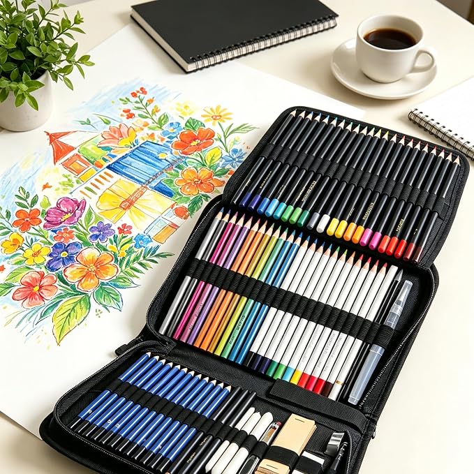 Smilo 76-Piece Art Supplies Sketching Kit with Sketchbook and Travel Case | Graphite Charcoal Watercolor Metallic and Woodless Pencils, Art Knife, Sandpaper Block, Drawing Set for Adults and Beginners