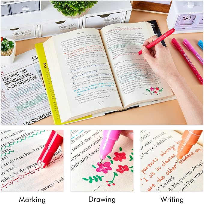 15 Colors Curve Highlighter Pens Set, 15 Different Shapes Dual Tip Markers, Cool Pens for Journal Planner Scrapbook Office Supplies