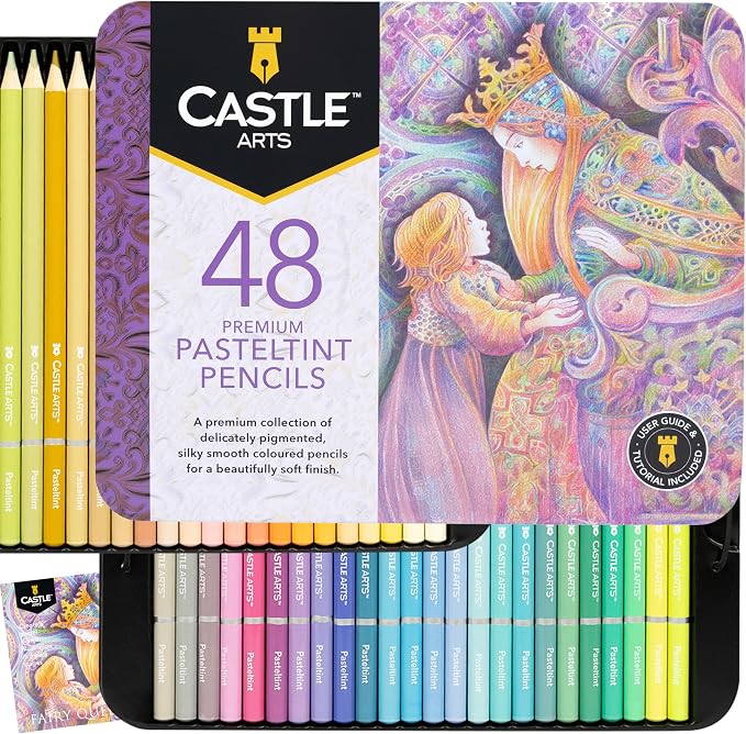 Castle Art Supplies Pasteltint Colored Pencils Tin Set | 48 Colors in Softer, Sumptuous Tones | for Professional and Adult Artists |Presented in Tin Case