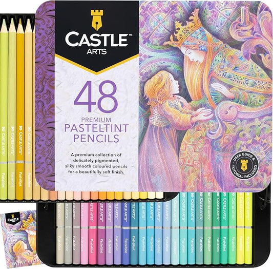 Castle Art Supplies Pasteltint Colored Pencils Tin Set | 48 Colors in Softer, Sumptuous Tones | for Professional and Adult Artists |Presented in Tin Case