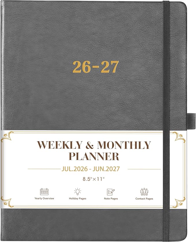 2026-2027 Planner - Weekly and Monthly Planner 2026-2027, Jul. 2026 - Jun. 2027, 9" x 11", 26-27 Calendar Planner with Inner Pocket + Elastic Closure + Pen Loop + Bookmarks, Leather Hardcover - Grey