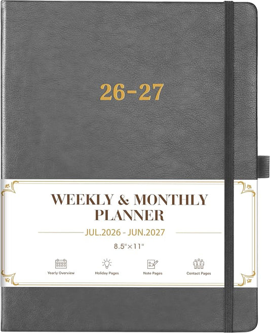 2026-2027 Planner - Weekly and Monthly Planner 2026-2027, Jul. 2026 - Jun. 2027, 9" x 11", 26-27 Calendar Planner with Inner Pocket + Elastic Closure + Pen Loop + Bookmarks, Leather Hardcover - Grey