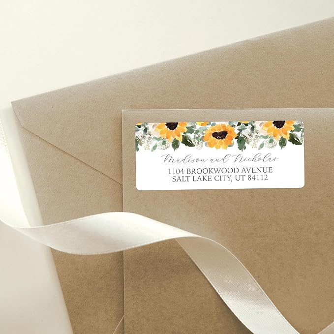Return Address Labels Personalized with Your Choice of 30 Flower Styles - Choose Font and Font Color or Add Custom Text - Perfect for Wedding Envelopes (029 Sunflowers)