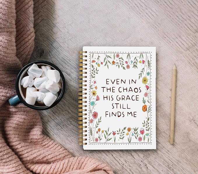 Christian Floral Notebook Journal, Inspirational Bible Verse Notebook, Christian Gifts for Women, Even in the Chaos His Grace Still Finds Me Spiral Journal 5.5x8.3 Inch