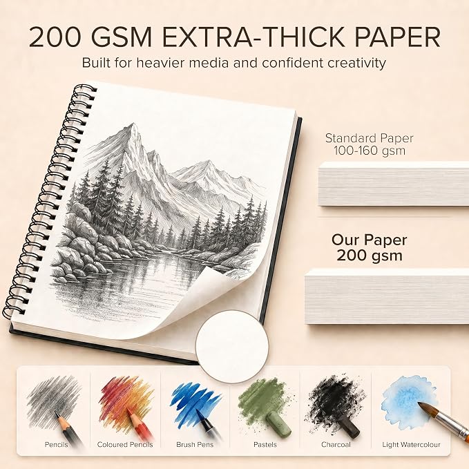 Artist’s Sketchbook Hardcover – 200GSM Very Thick Paper – Large, Spiral Sketch Book for Drawing and Mixed Media – Sketch Pad, Art Book - 8.25 x 11.4, 40 Sheets / 80 Pages