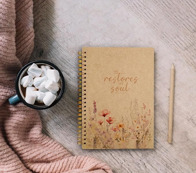 Christian Notebook for Women, Christian Gifts Journal, Prayer Journal for Women, Bible Journaling Notebook, PSALM 23:3 He Restores My Soul Floral Spiral Notebook 5.5x8.3 Kraft Paper