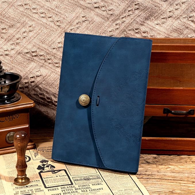 MINICAGIE Vintage Leather Journal for Women Men, Junk Journal Notebook Soft Cover, Book of Shadows Journals for Travel Diary Scrapbook Sketchbook Journaling Writing, Blue