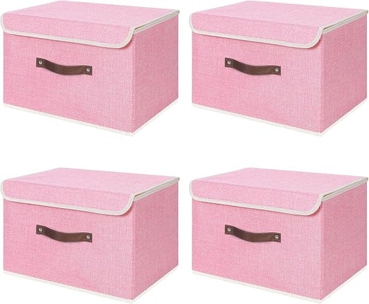 ANMINY 4PCS Storage Bin with Lid Storage Boxes with PU Leather Handles PP Plastic Board Decorative Foldable Lidded Cotton Linen Fabric Home Cubes Baskets Closet Organizer Container - Pink, Medium