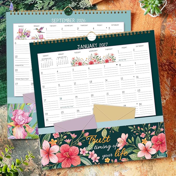 Wall Calendar 2026-2027, Jul. 2026 - Dec. 2027, 11.2" x 11.2", 18 Month | Pocket Calendar, 2026-2027 Calendar with Pockets, Calendars for Office School Home - 12 Different Floral