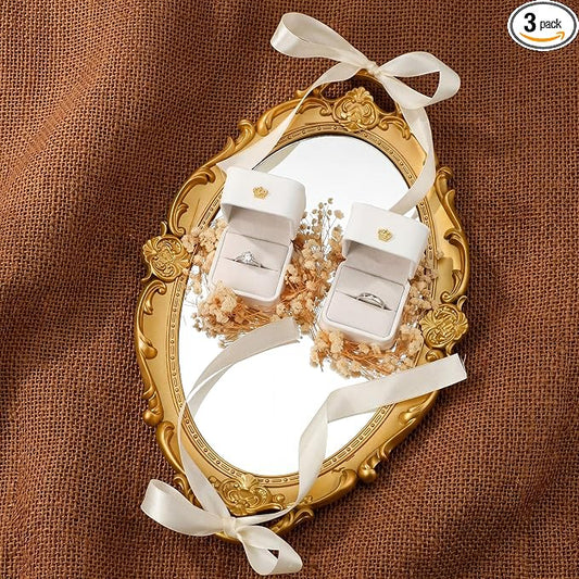 Liliaafar Gold Wedding Mirror Tray with 2 Pcs Ring Boxes Mirrors Flat Circle Plates with Floral Ribbon Design Trays for Table Centerpieces Wedding Party Centerpieces