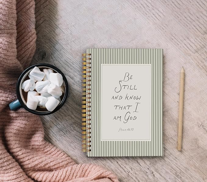 Green Striped Christian Notebook Journal, Psalm 46:10 Bible Notebook for Note Taking, Be Still and Know That I Am God Religious Scripture Spiral Journal 5.5x8.3 Inch