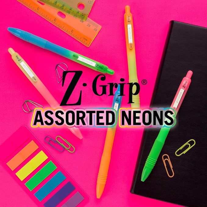 Zebra Pen Z-Grip Retractable Ballpoint Pen, Smooth-Flowing Black Ink, 1.0mm Medium Point, Assorted Ombre Neon Barrels, Teacher, School & Office Supplies, Ideal for Note-Taking, 18-Pack (23018AMZ)