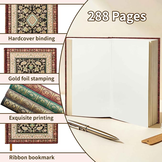 Mlife Thick Journal Blank Notebook,288 Pages A5 Notebook,120gsm Plain Paper,Vintage Hardcover Notebook with Gold-Embossed Floral for Men Women,5.5'' X 8.27''