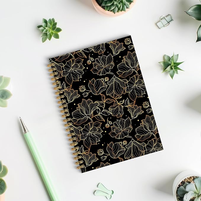 Black and Gold Floral Spiral Notebook, Abstract Modern Luxury Flower Journal for Women, Elegant Vintage Botanical Linear Floral Hardcover Notebook Journal, 5.5x8.3 Inch